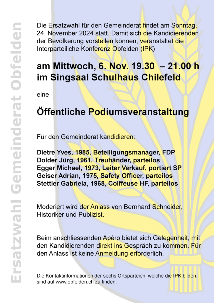 Podium Gemeinderatswahl Obfelden 24. November, Flyer