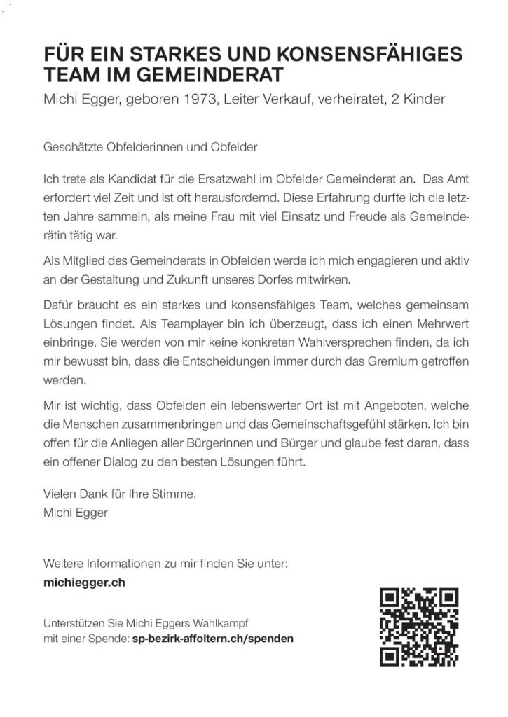 Michi Egger in den Gemeinderat Obfelden am 24. November