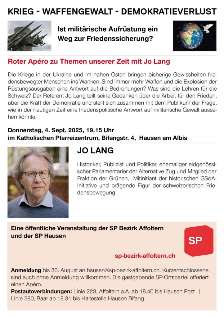 Roter Apéro in Hausen: Krieg - Waffengewalt - Demokratieverlust