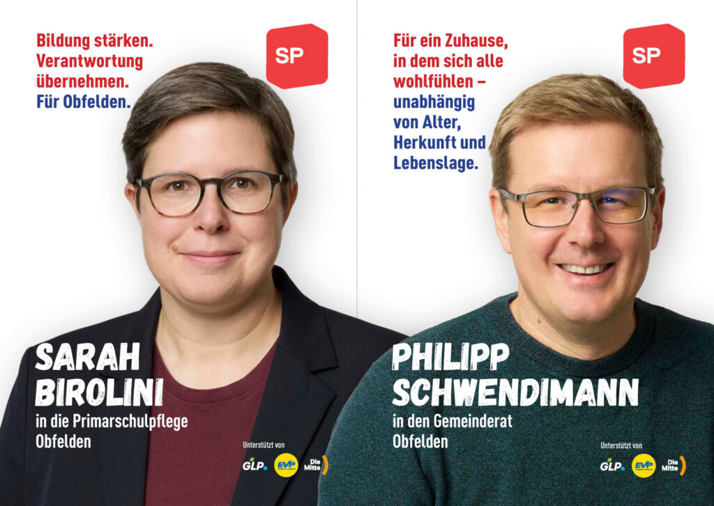 Gemeindewahlen 2026 SP Obfelden - Philipp Schwendimann in den Gemeinderat, Sarah Birolini in die Primarschulpflege