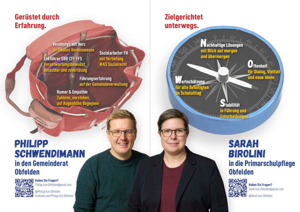 Gemeindewahlen 2026 SP Obfelden - Philipp Schwendimann in den Gemeinderat, Sarah Birolini in die Primarschulpflege